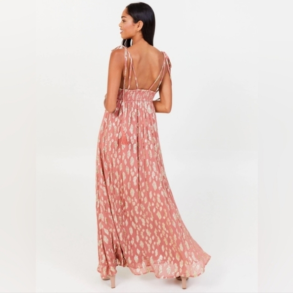 Altar'd State Pink Rose Shimmery Metallic V-Neck Sleeveless Flowy Maxi Dress - Picture 4 of 10